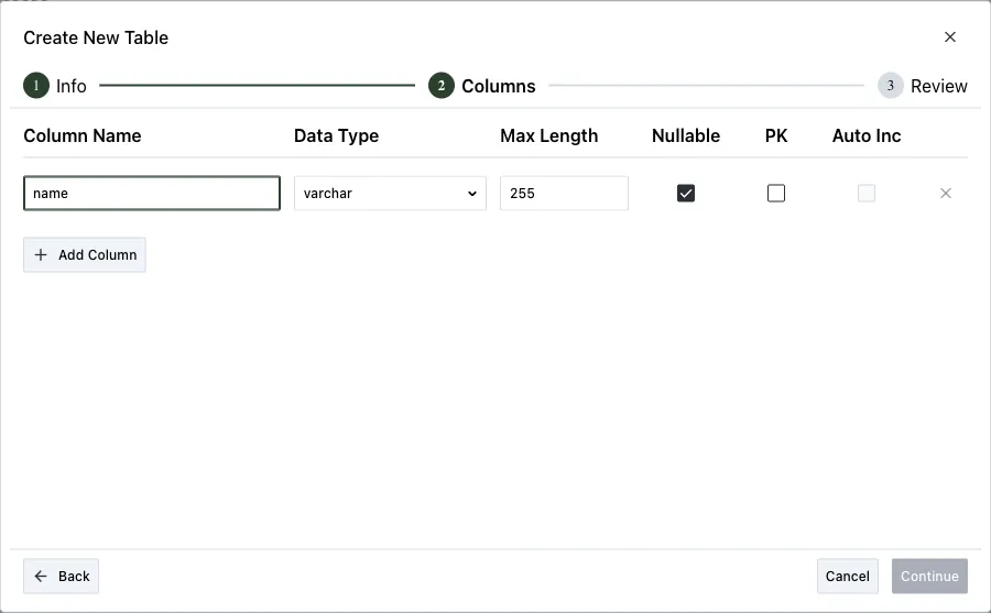 Create New Table wizard, Columns step