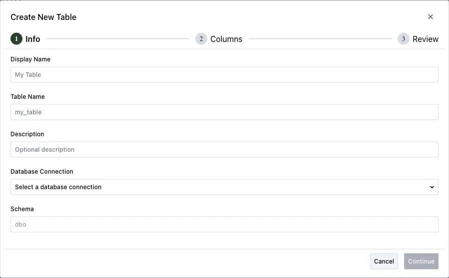 Create New Table wizard, Info step