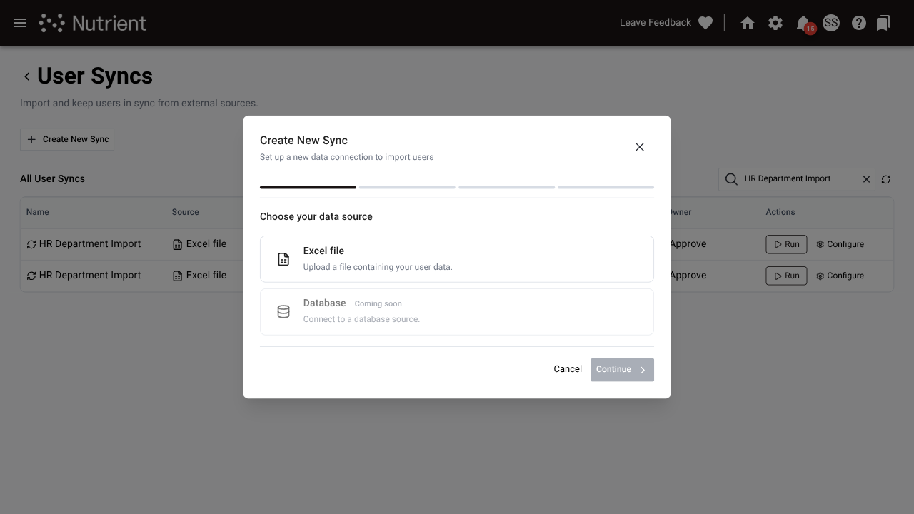 Create sync wizard — step 1, naming the sync configuration