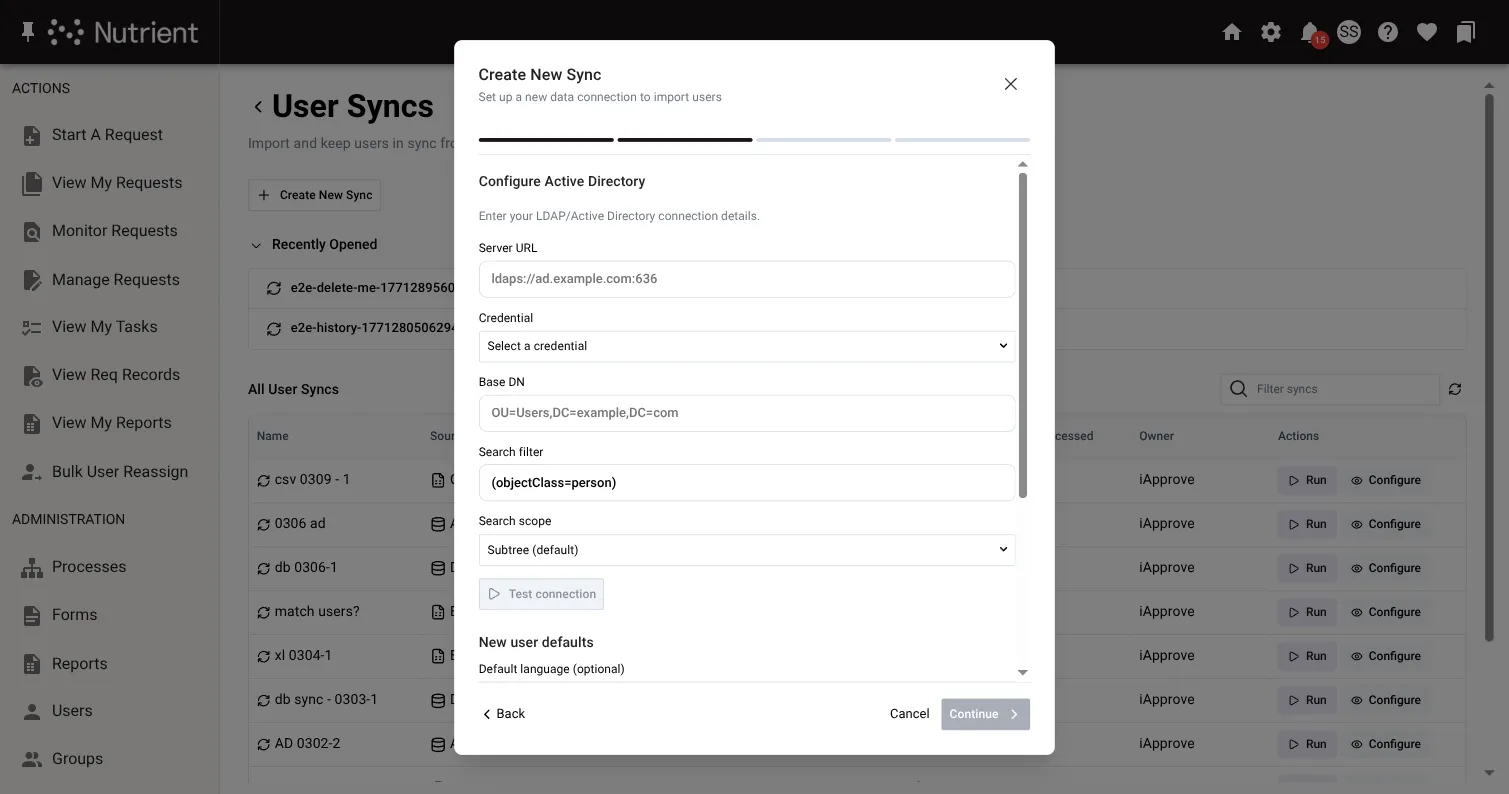 Create sync wizard — step 2, Active Directory configuration