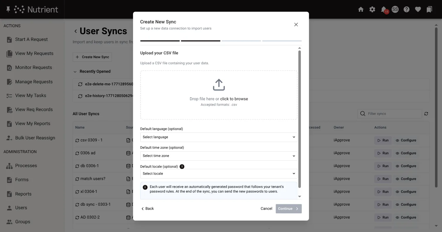 Create sync wizard — step 2, CSV file upload