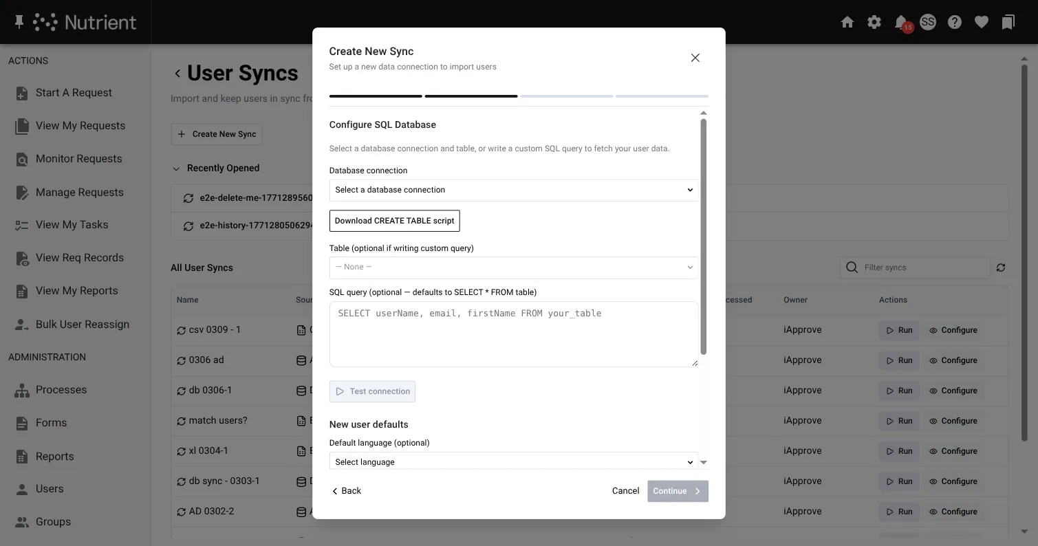 Create sync wizard — step 2, SQL Database configuration