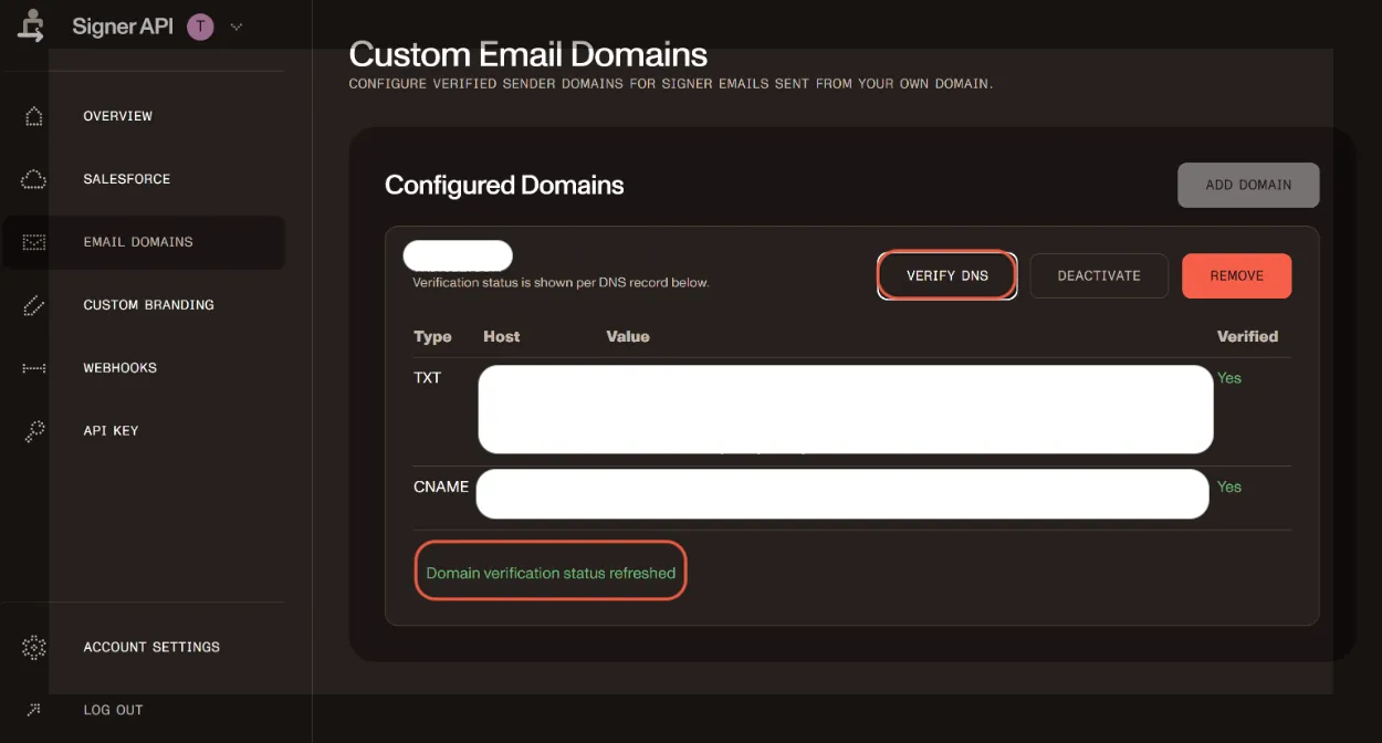 DWS Signer dashboard showing a verified custom email domain