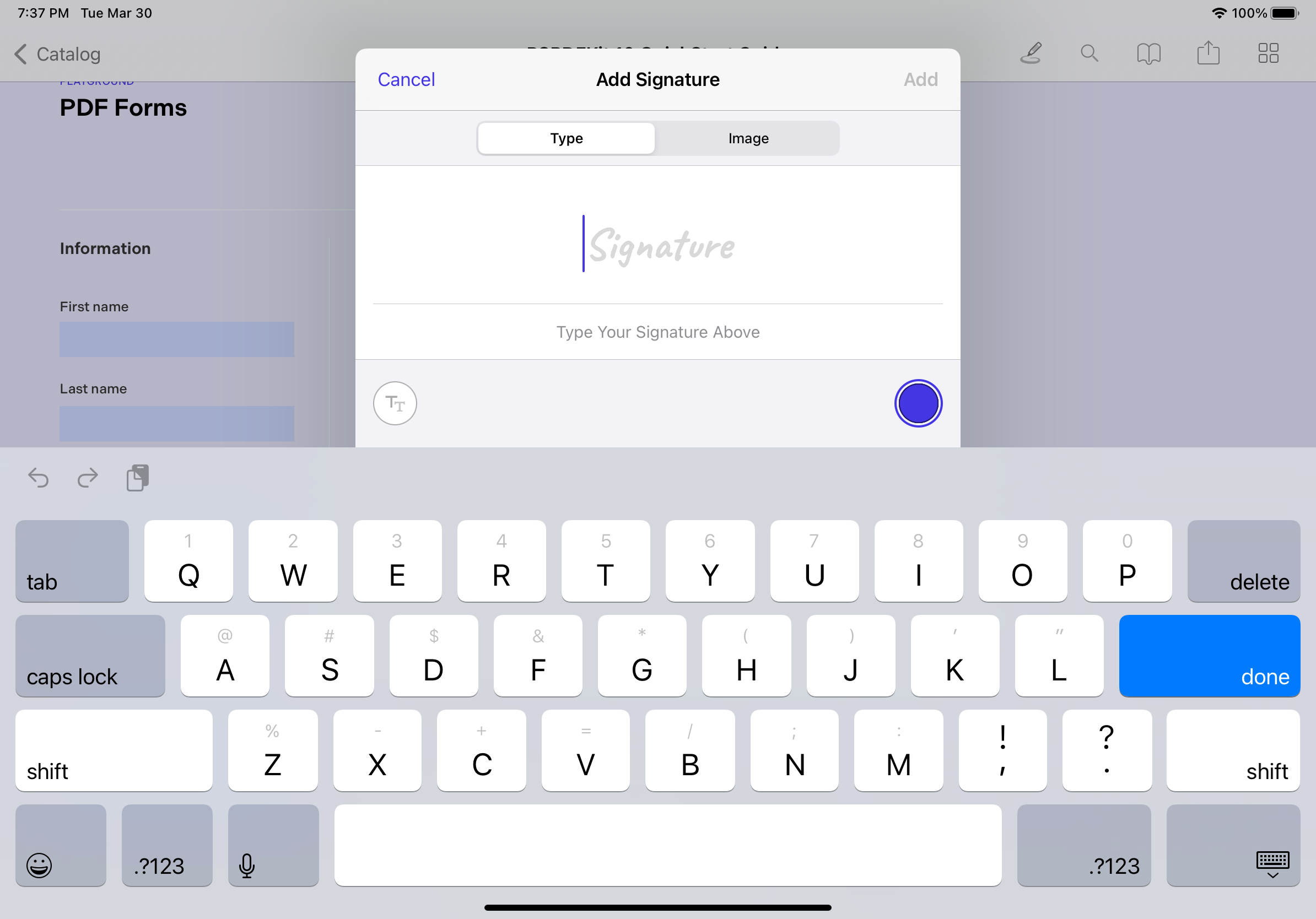 Screenshot showing the signature creation modal view with the Type tab followed by the Image tab.