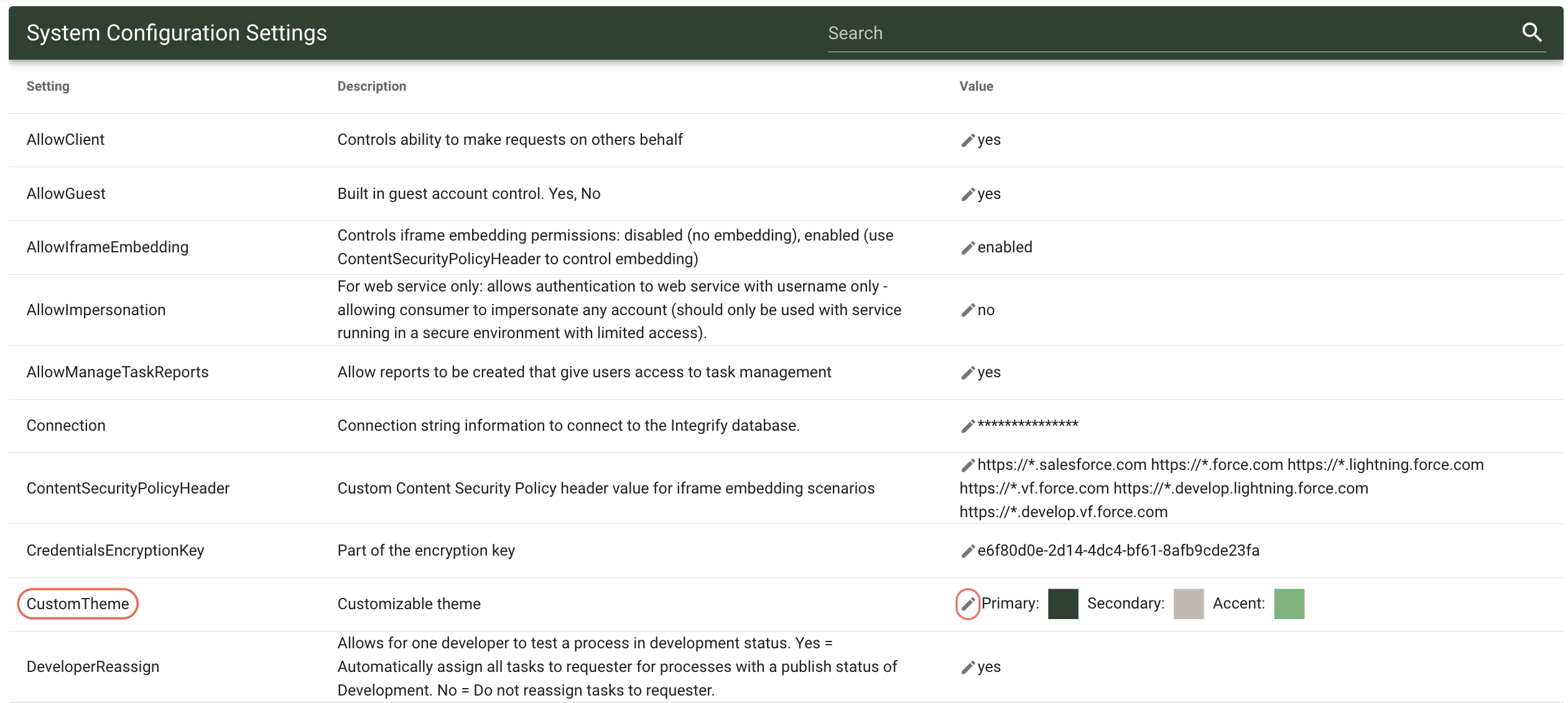 CustomTheme setting row with Edit icons next to the Primary, Secondary, and Accent color swatches