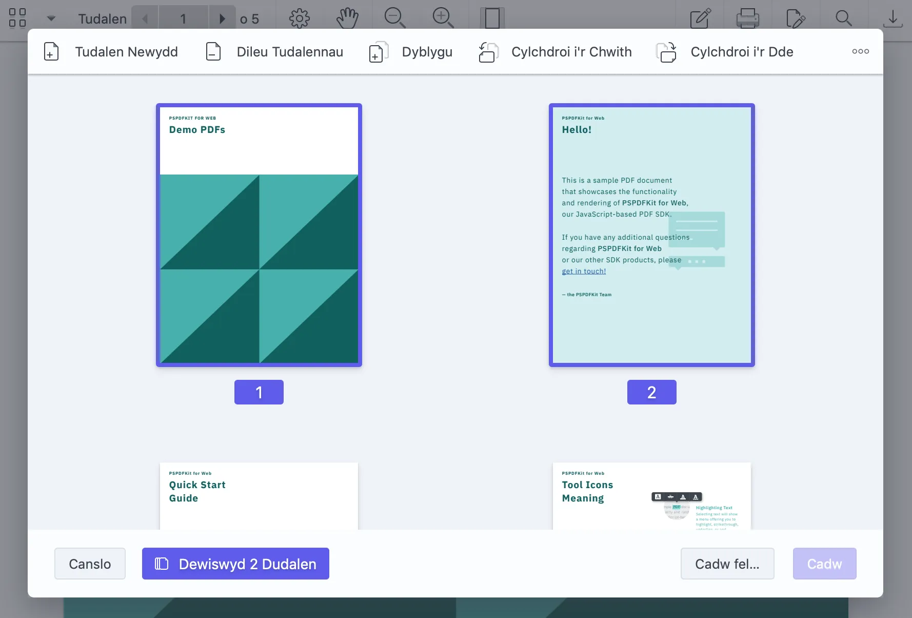 A screenshot of the Document Editor UI with controls translated to Welsh