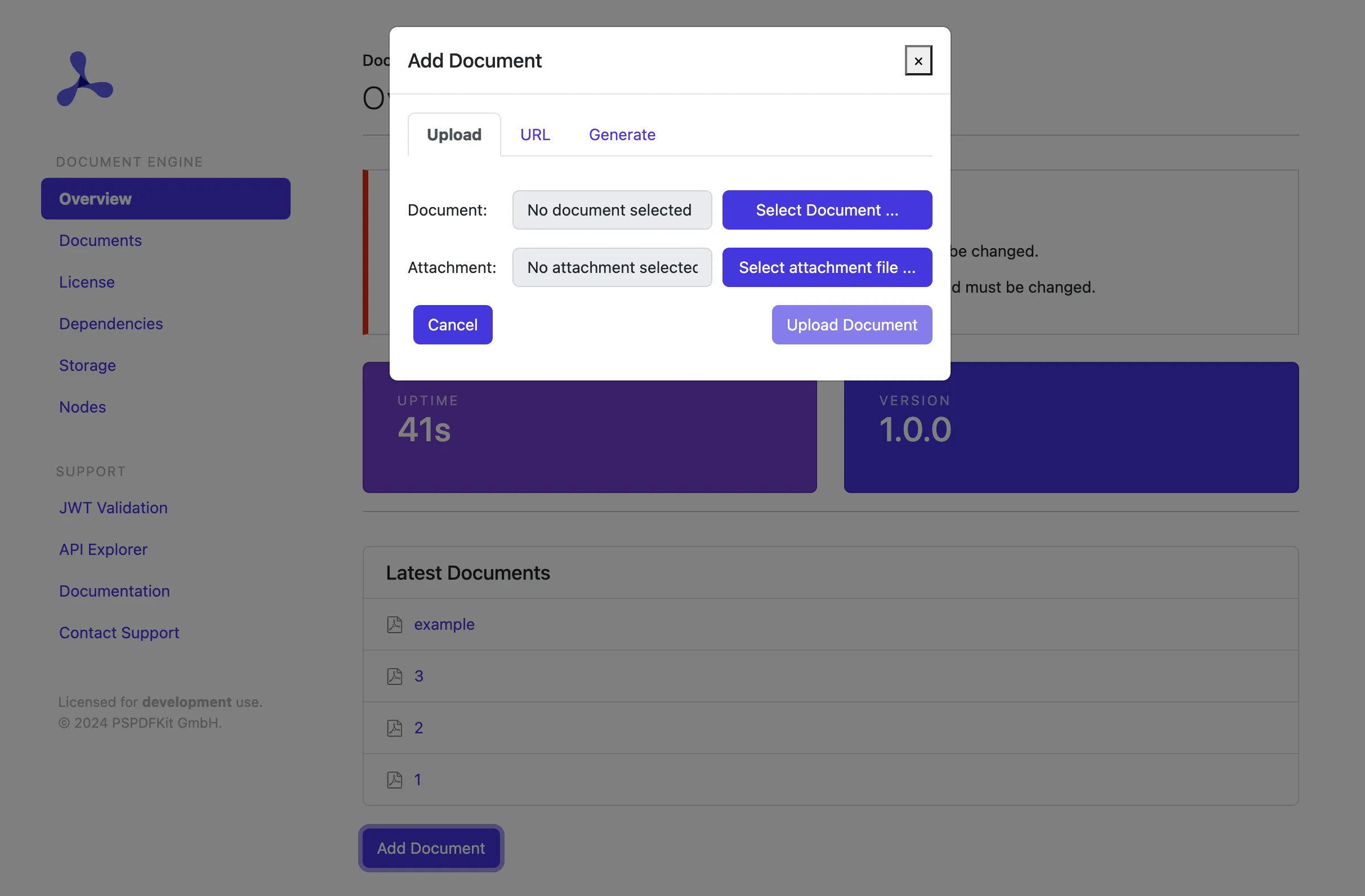 "Screenshot showing the create document modal window in the Document Engine Dashboard"
