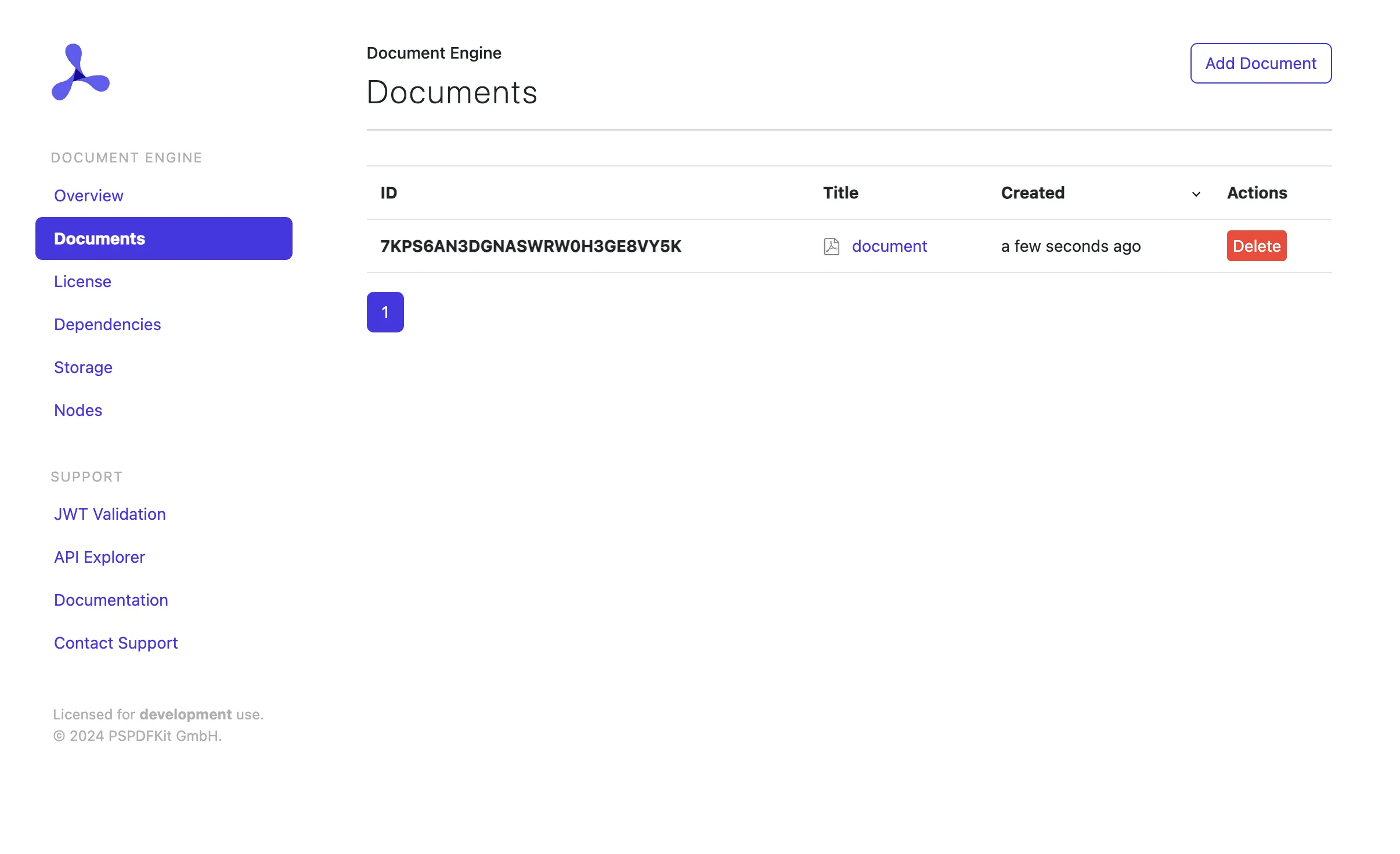 Screenshot showing the uploaded document in the list of available documents