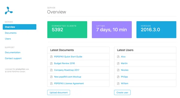 PSPDFKit Server Dashboard