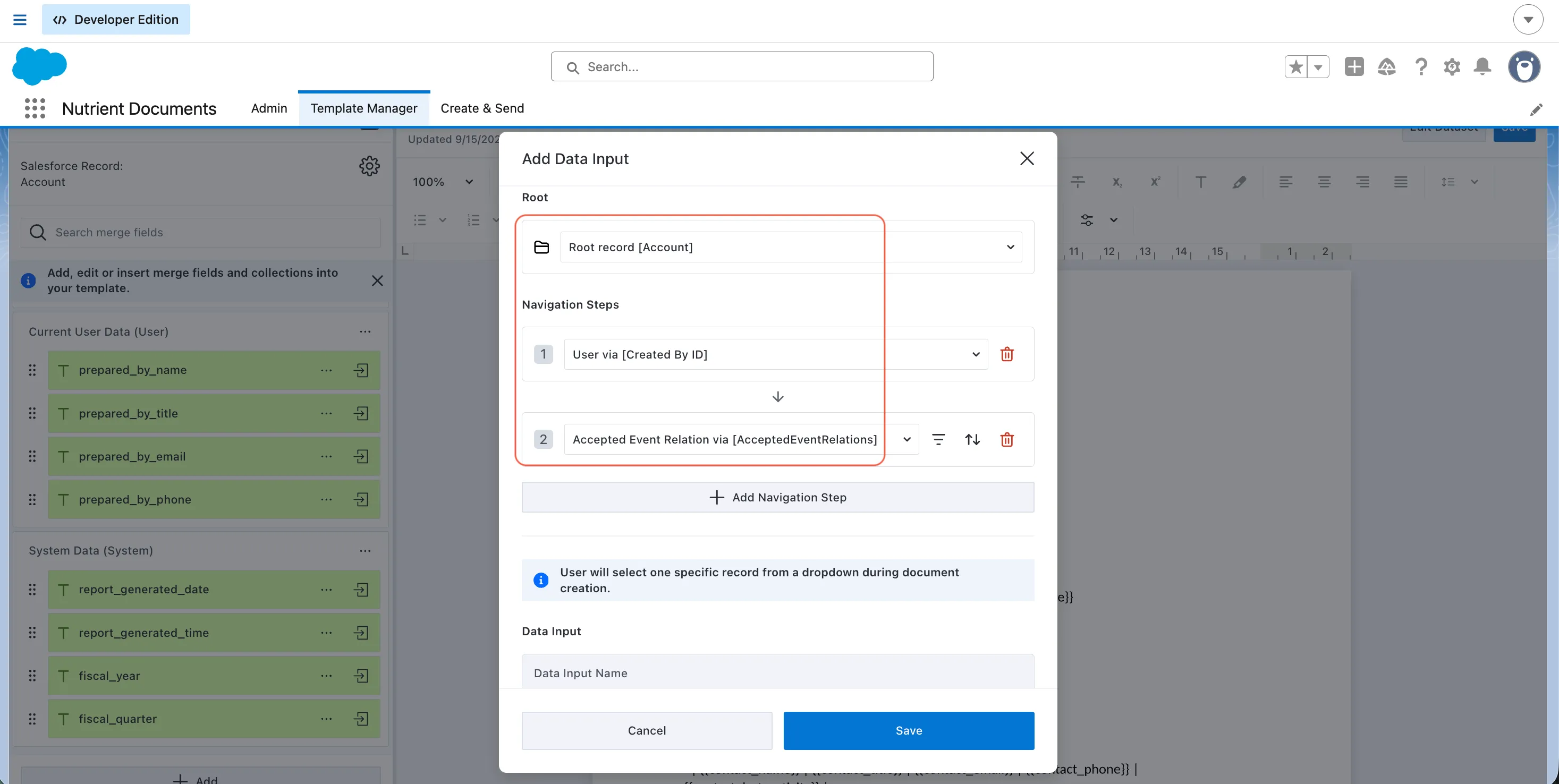 Dynamic data input setup in Template Manager showing runtime record selection configuration