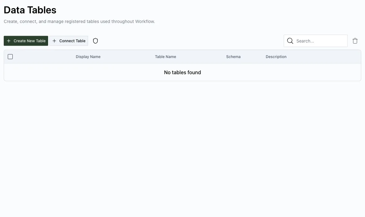 Data Tables admin page with table list and toolbar
