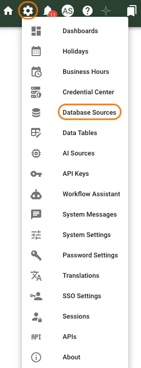 Settings menu showing the Database Sources option