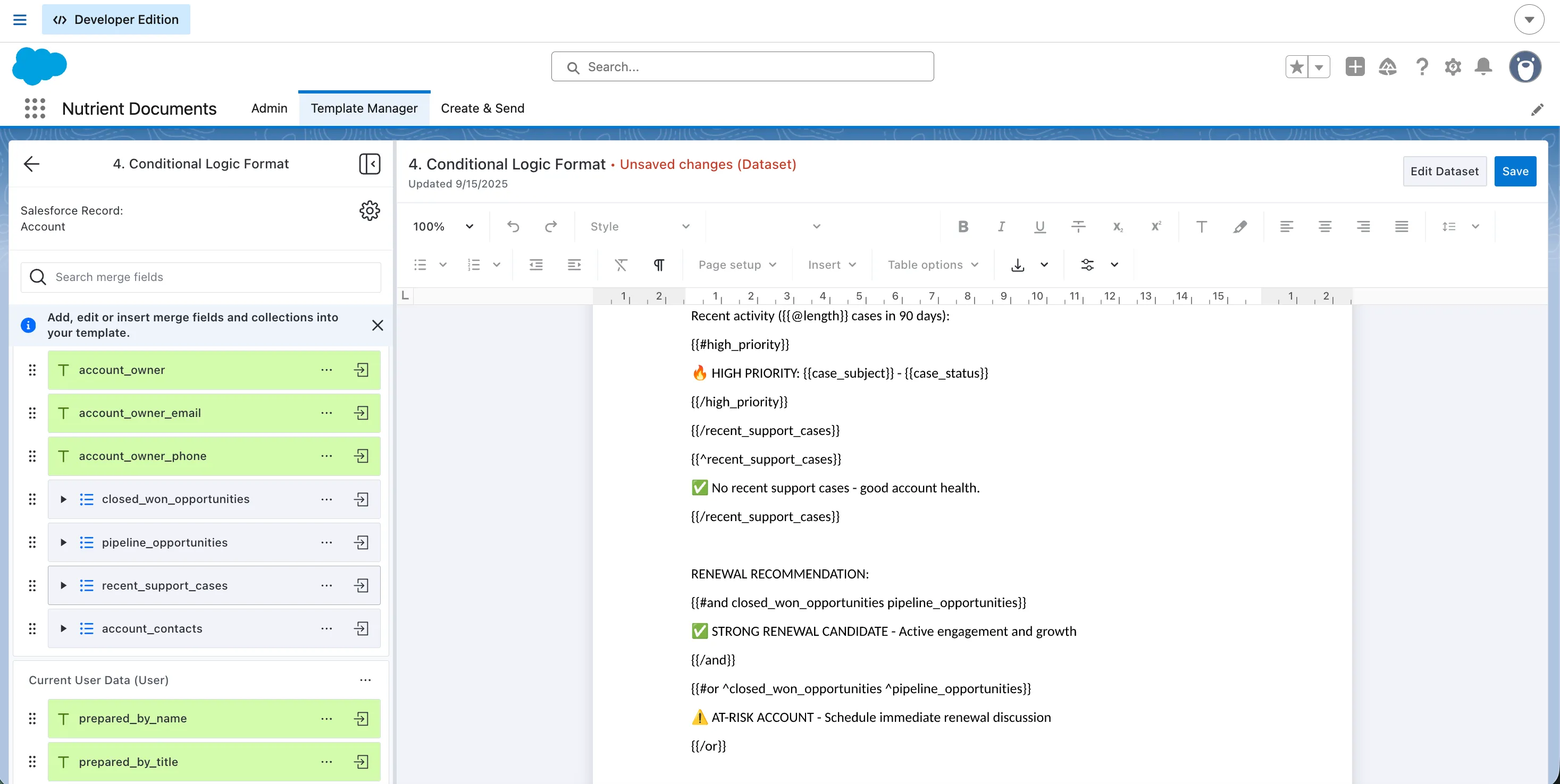 Template Manager dataset sidebar showing merge fields, collections, conditions, placeholders, and data inputs