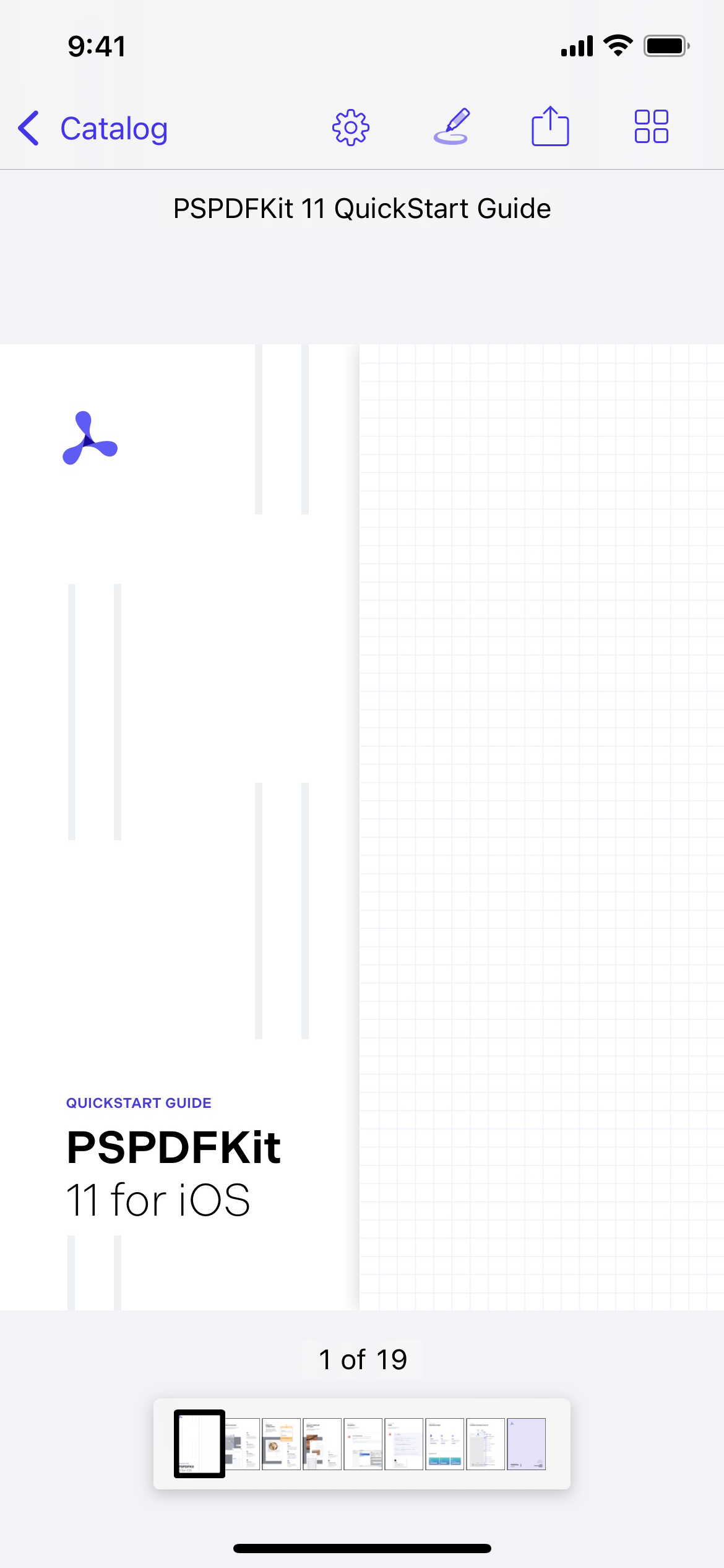 Screenshot of default state showing the first page of the PSPDFKit 11 Quickstart Guide document.