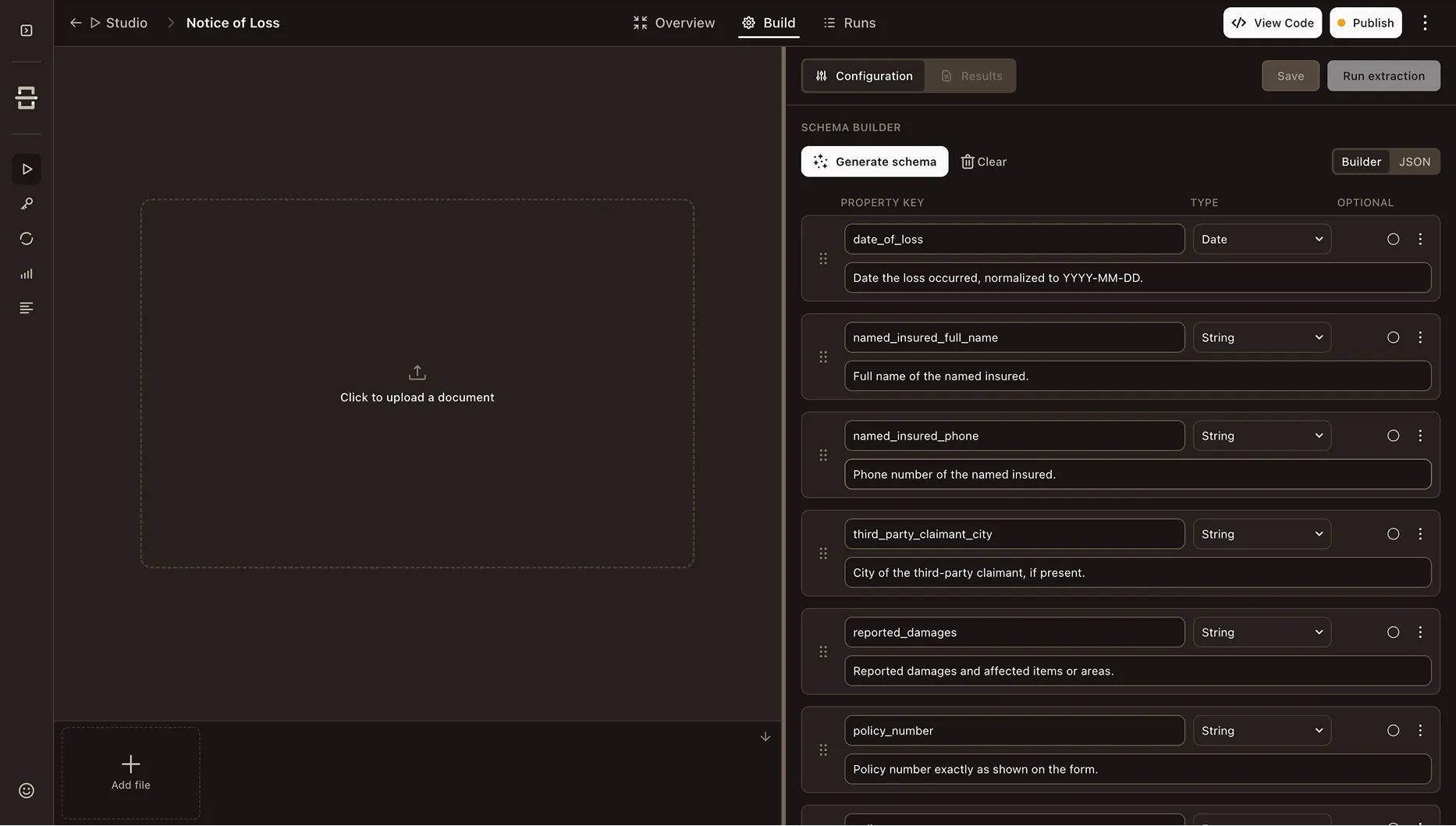 Defining a JSON Schema for insurance claim fields in Studio