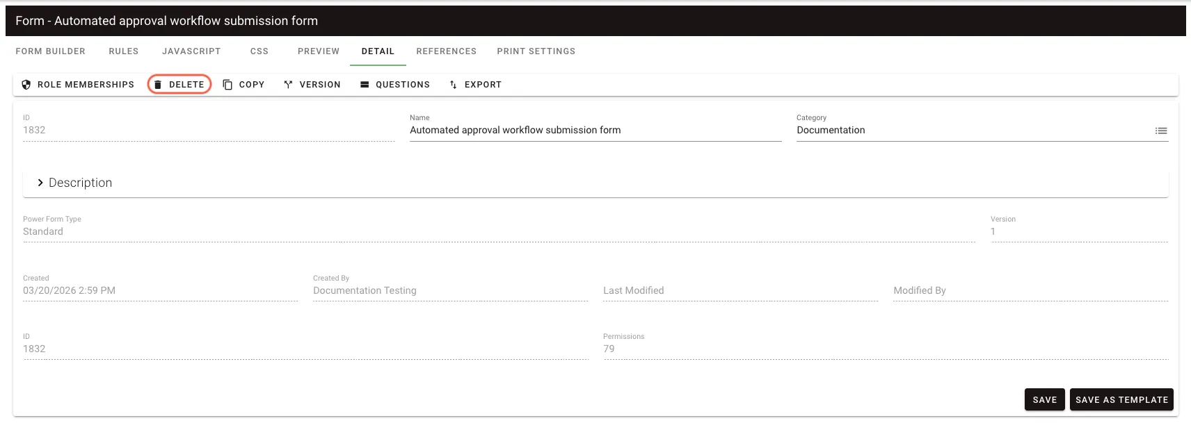 Delete form template