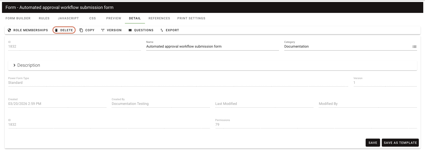 Delete form template