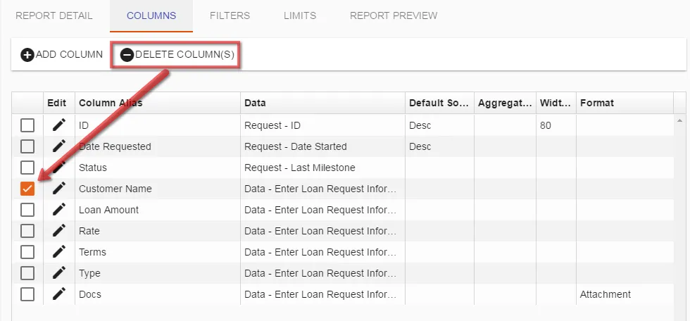 Column list with a column checked and the Delete Column option highlighted
