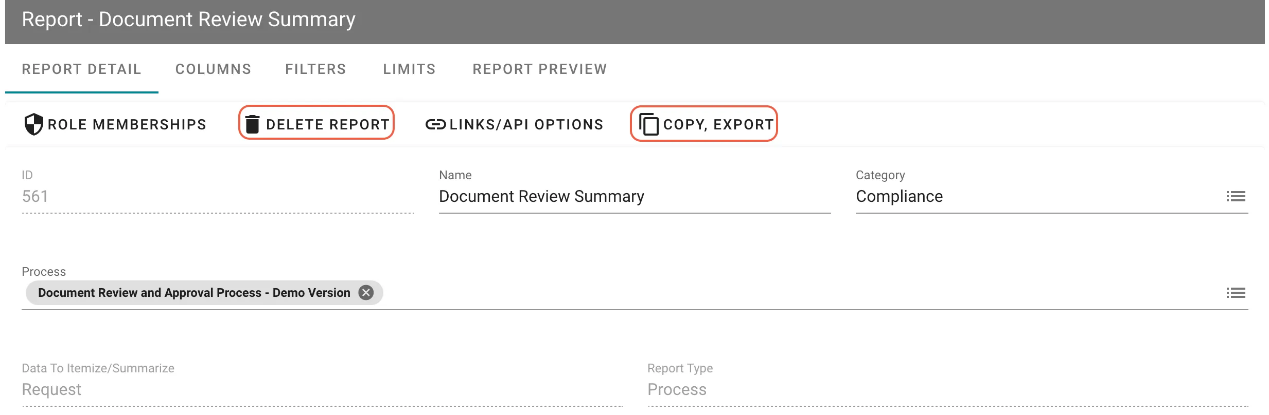 Report Details tab showing Delete, Copy, and Export buttons