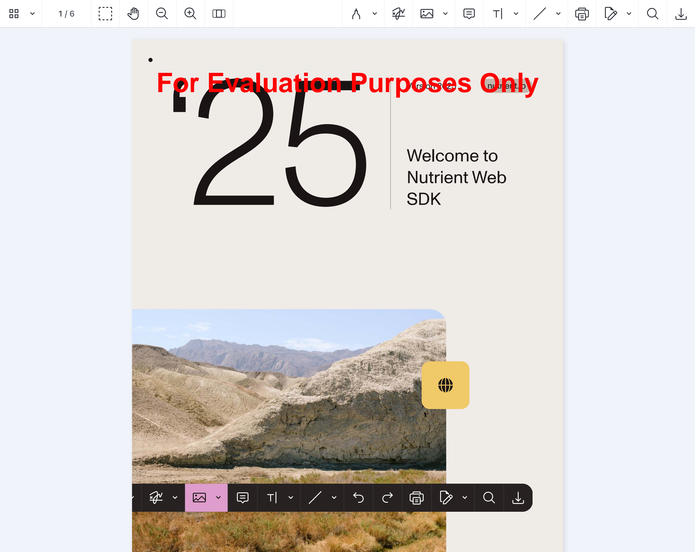 Nutrient Web SDK rendering a PDF document in the browser with toolbar, annotations, and page navigation