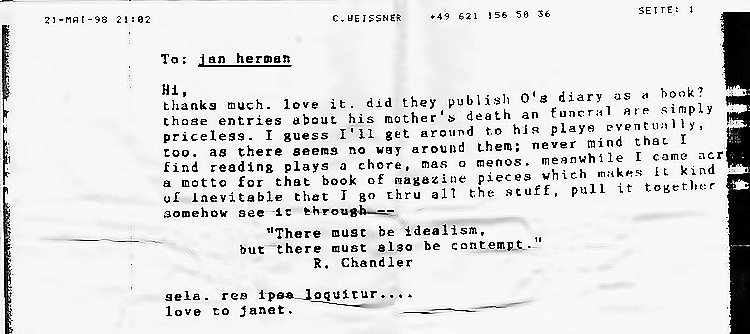 A cleaned-up version of a scanned fax from 21 May 1998, with sharper typewritten text, improved contrast, and reduced noise on a light background.