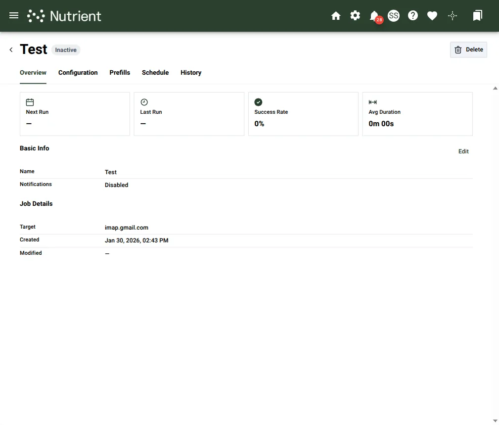 Schedule detail page on the Email Monitors tab, Overview tab, showing Basic Info and Job Details cards