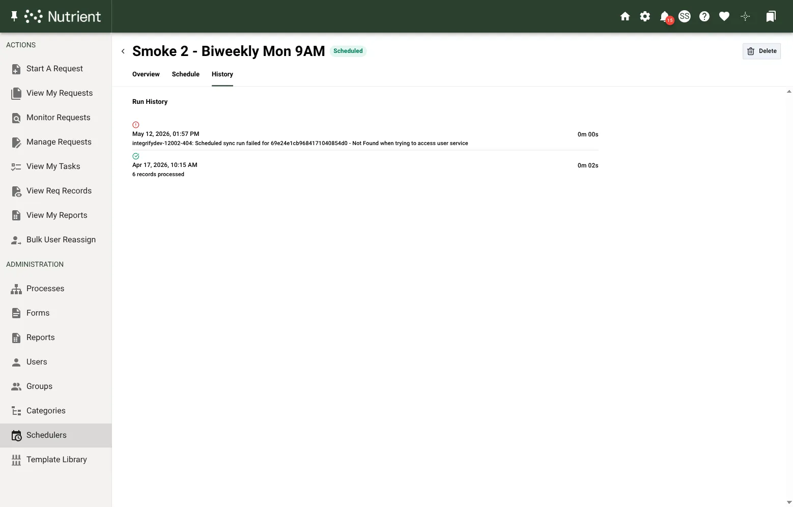 Schedule detail page, History tab, showing a successful run with records processed and a failed run with an error message
