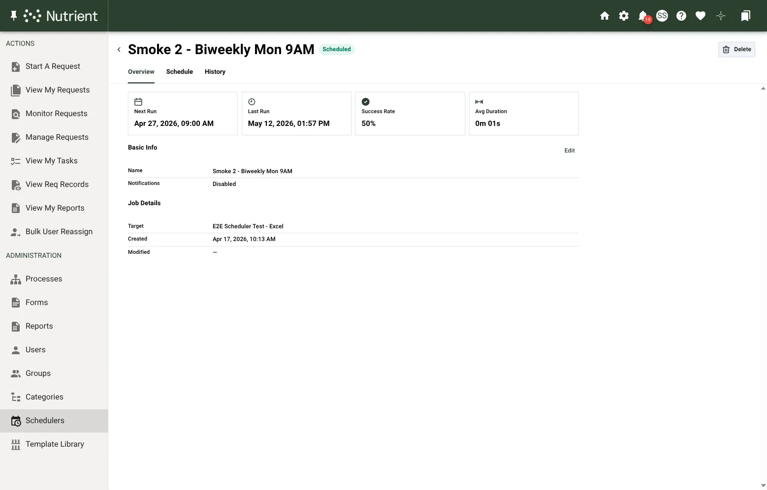 Schedule detail page on the User Sync tab, Overview tab, showing Basic Info and Job Details cards