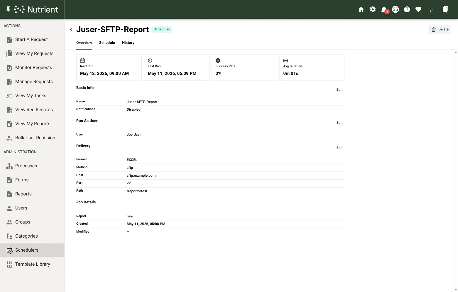 Schedule detail page on the Report tab, Overview tab, showing Basic Info, Run As User, Delivery, and Job Details cards