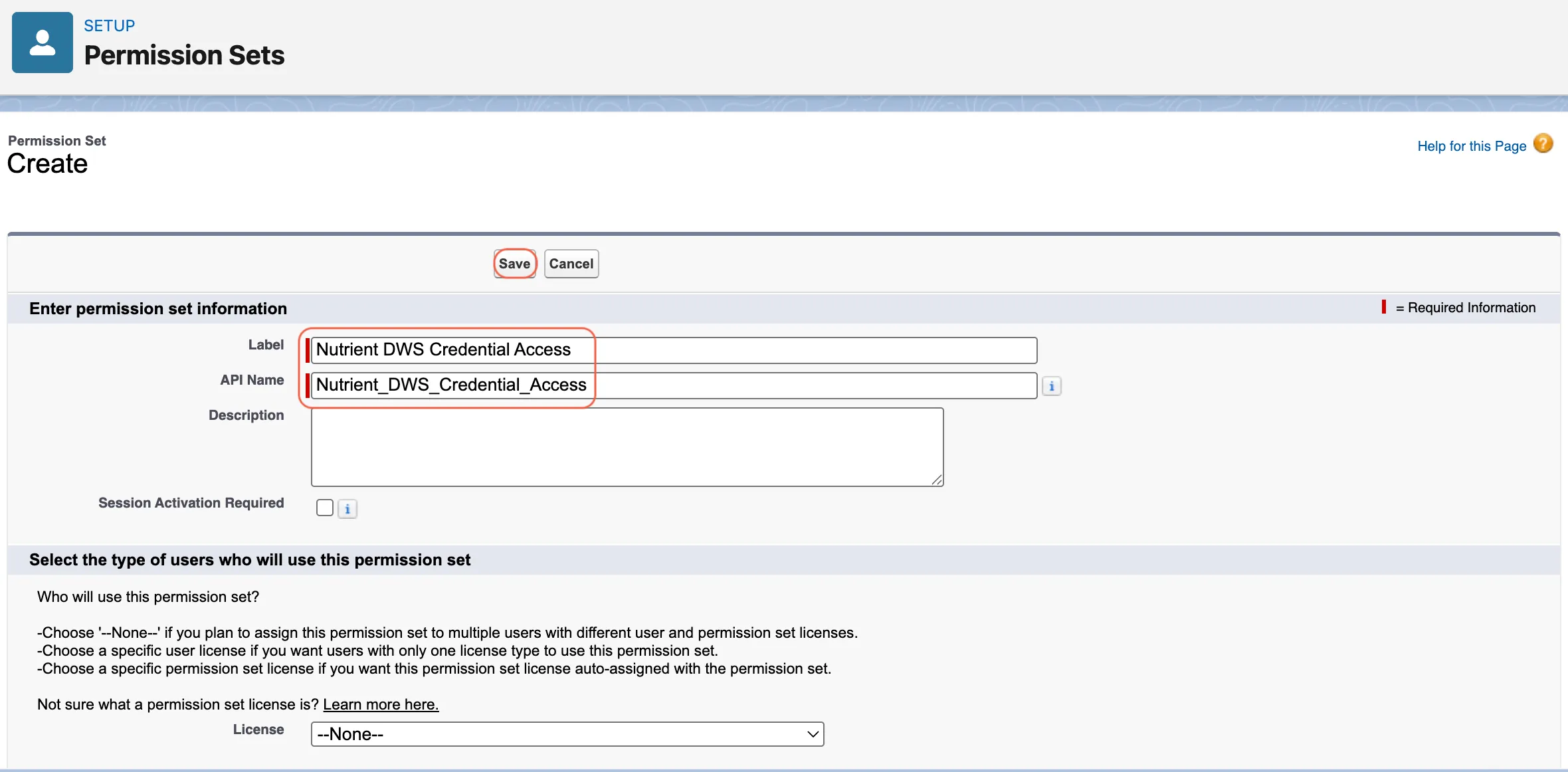 New Permission Set form showing the Nutrient DWS Credential Access details