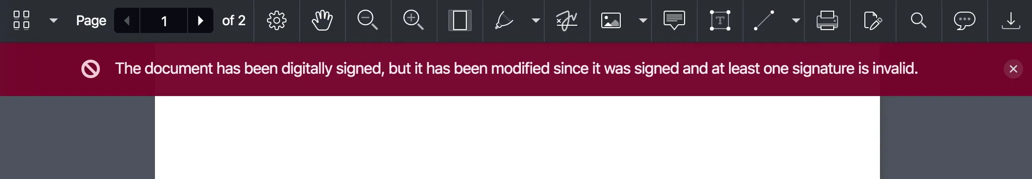 digital signatures validation status bar showing invalid signature