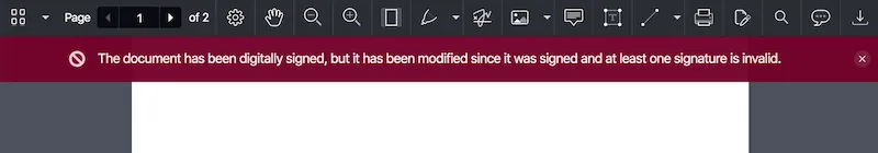 Digital signature validation status bar showing invalid signature