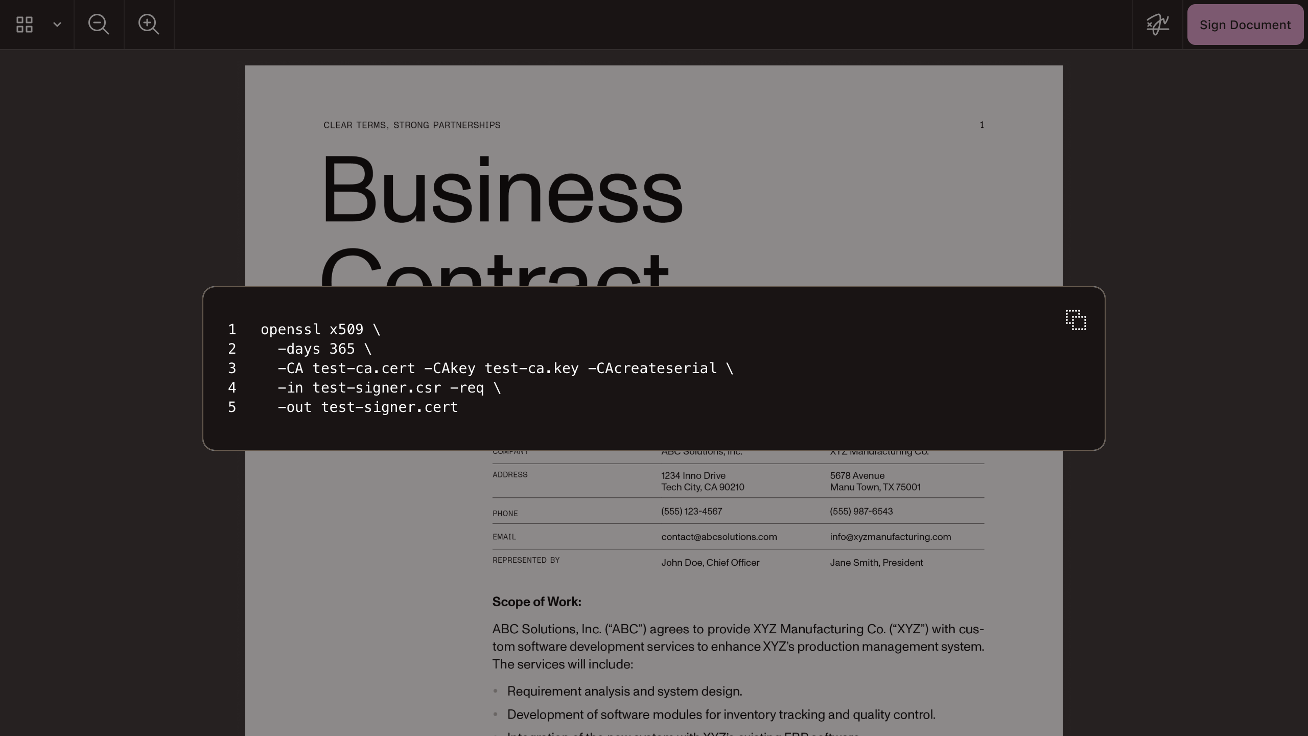 Web UI showing a business contract document and a code block with certificate configuration