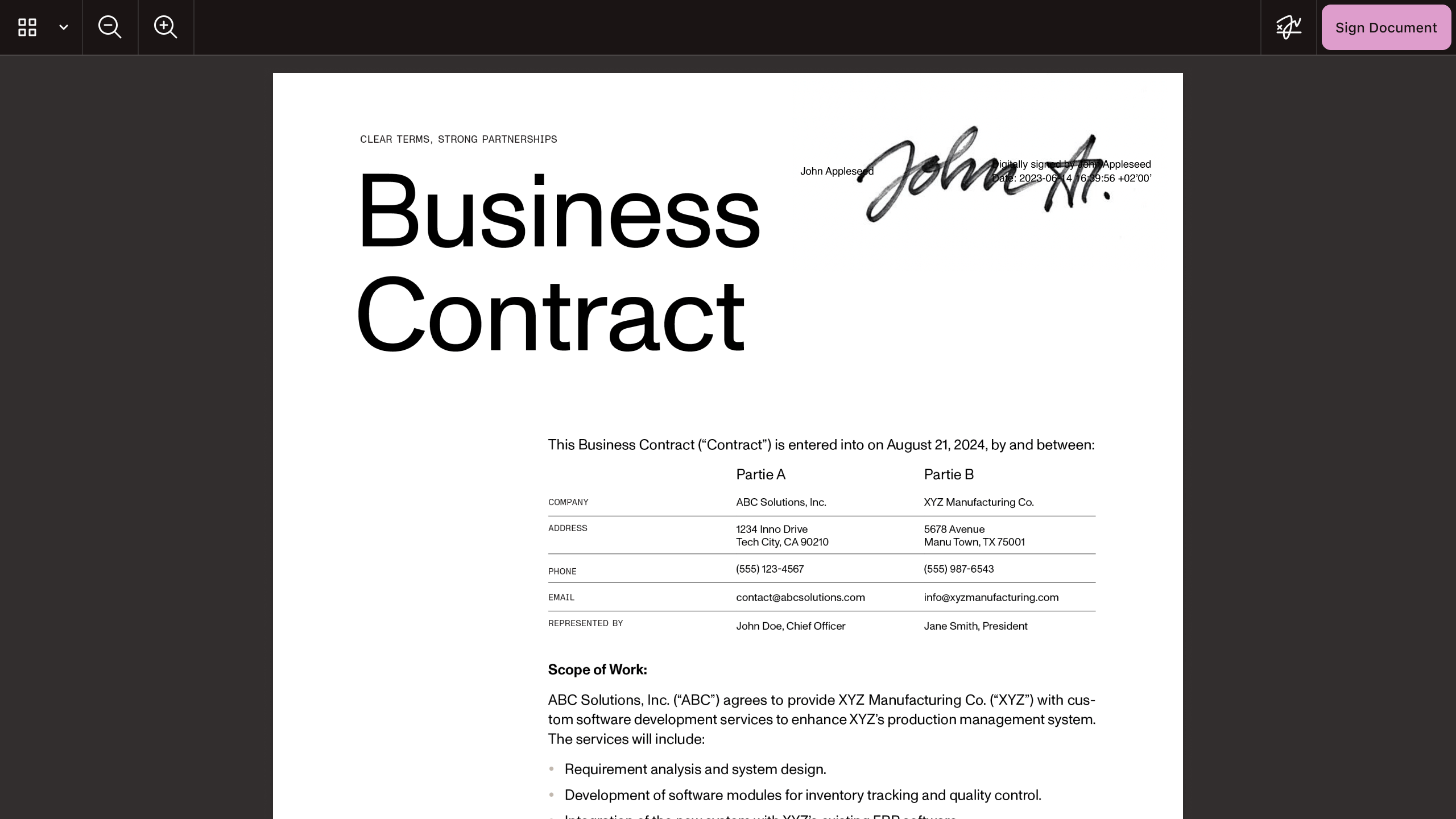 Web UI showing a business contract document and a visible digital signature