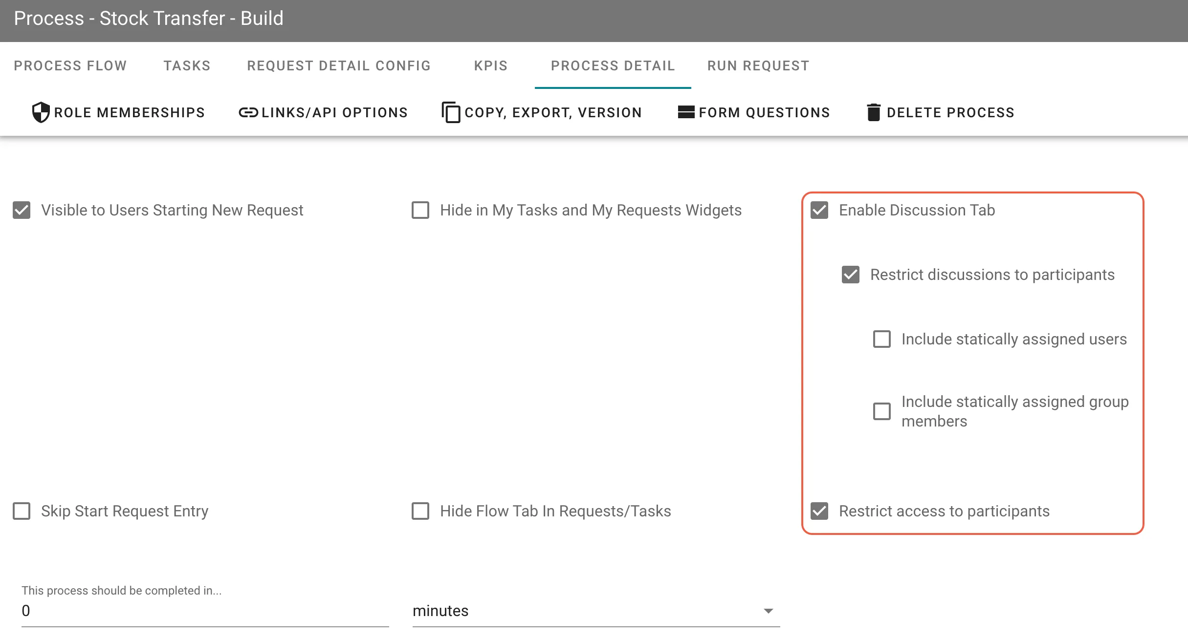 Discussion security options showing restrict to participants, include statically assigned users, and include group members checkboxes