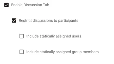 Discussion security options showing restrict to participants, include statically assigned users, and include group members checkboxes