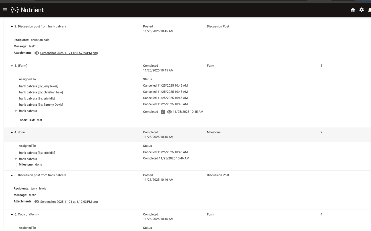 Task history showing discussion posts interspersed with task completions