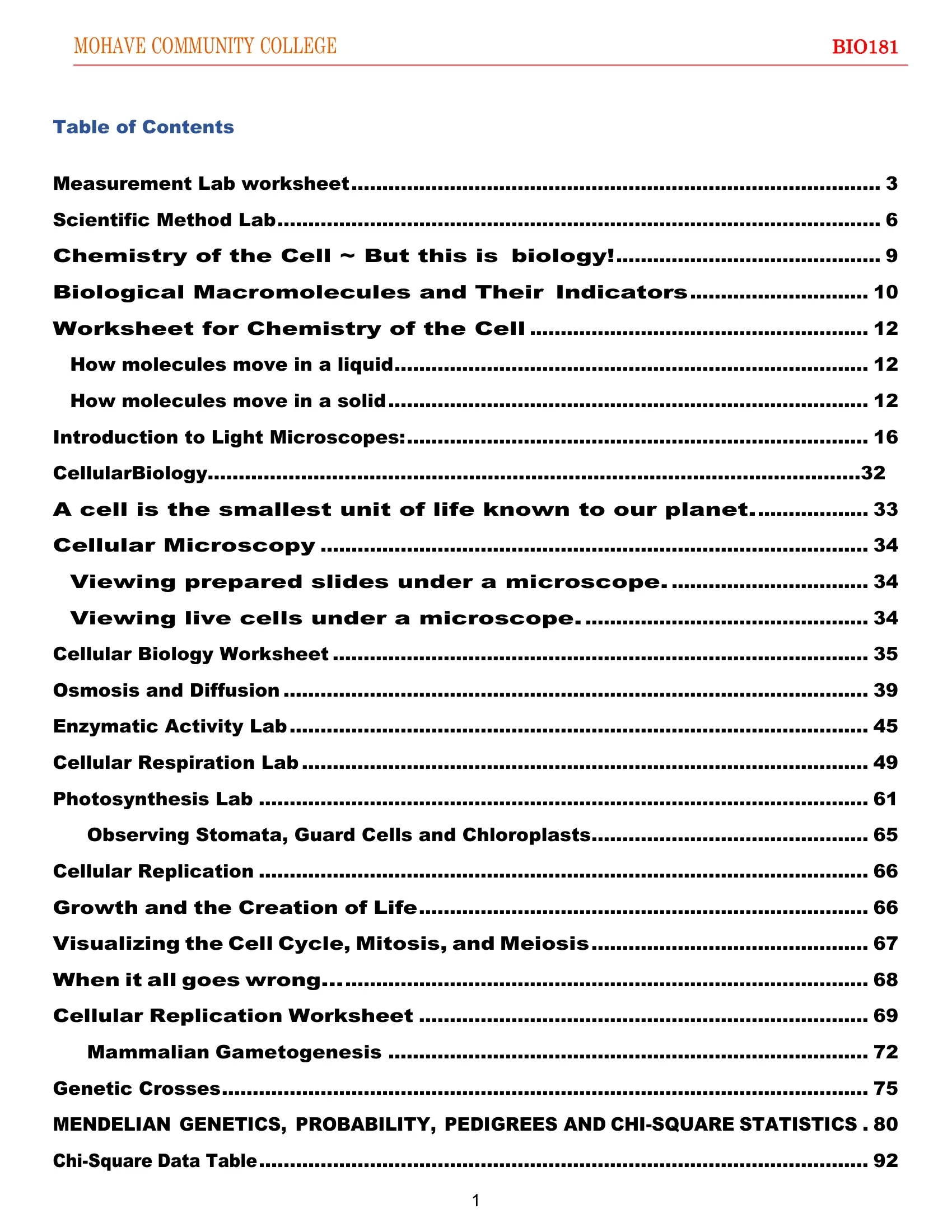 Biology course handout — Mohave Community College BIO181