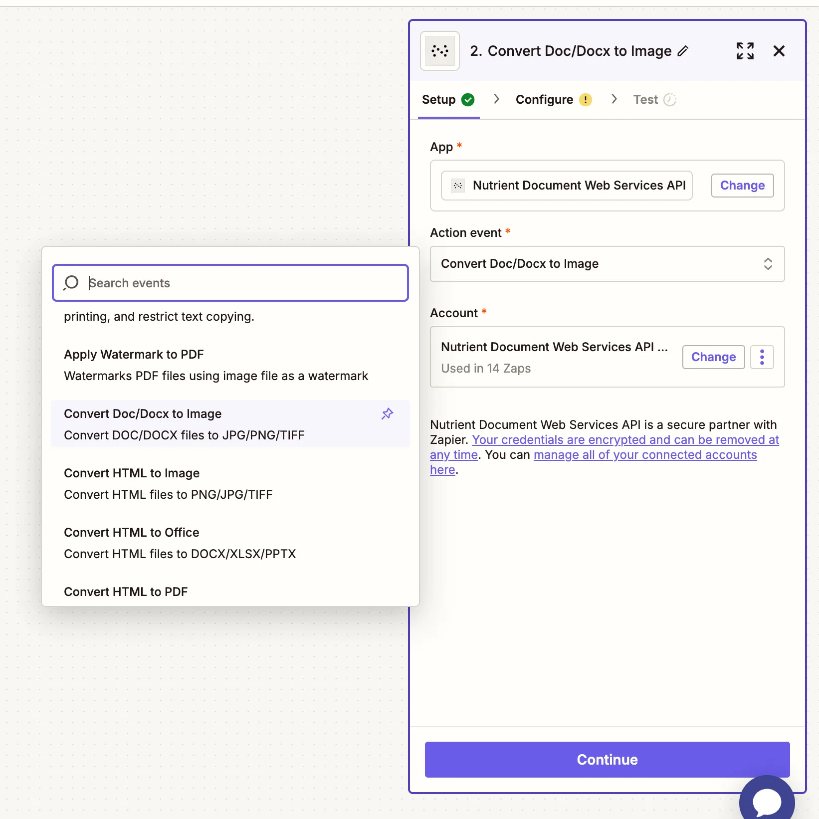 Action dropdown showing 'Convert DOC/DOCX to Image' selected