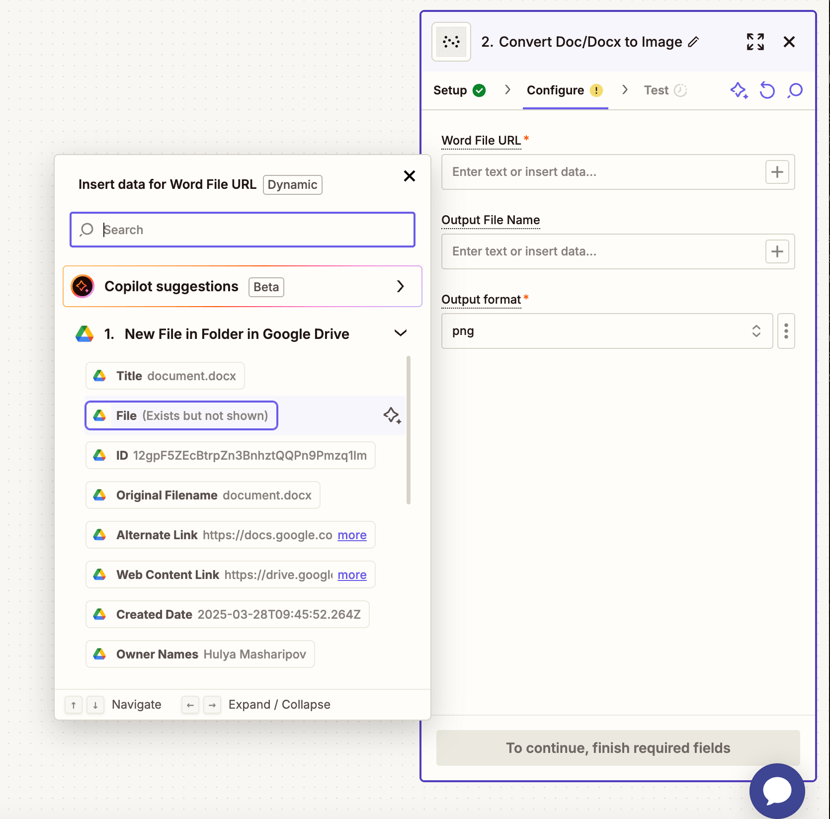 Form fields showing DOCX URL, file name, and format selection