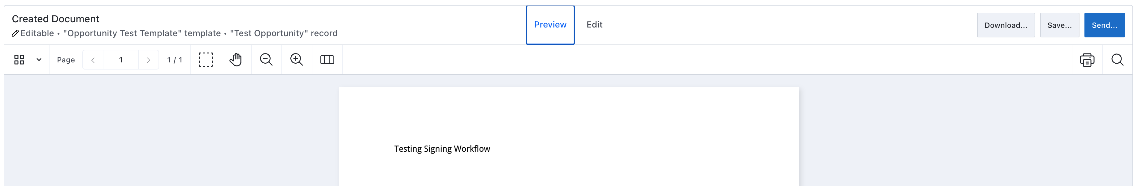 Document preview showing generated PDF with Preview and Edit tabs