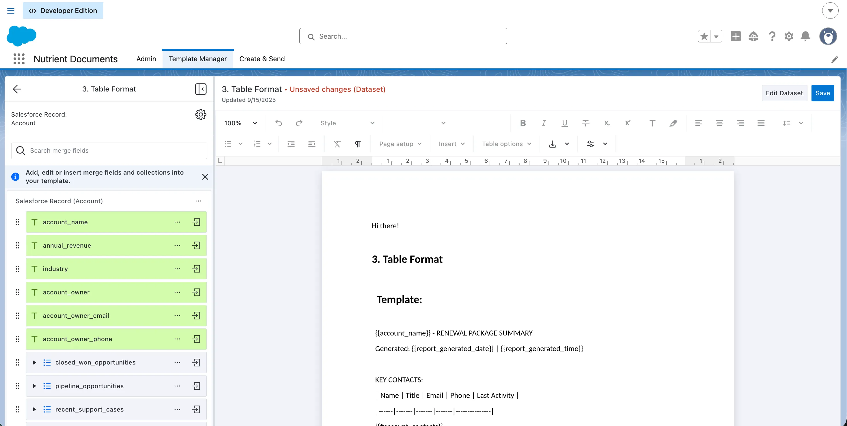Template Manager in Salesforce showing the document editor and dataset sidebar