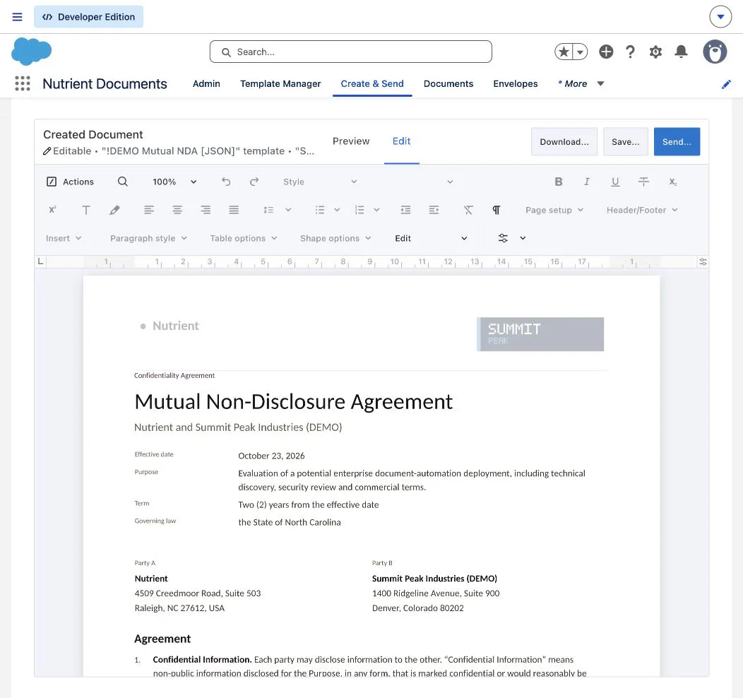 Generated NDA open in the Salesforce document editor with formatting and page layout tools