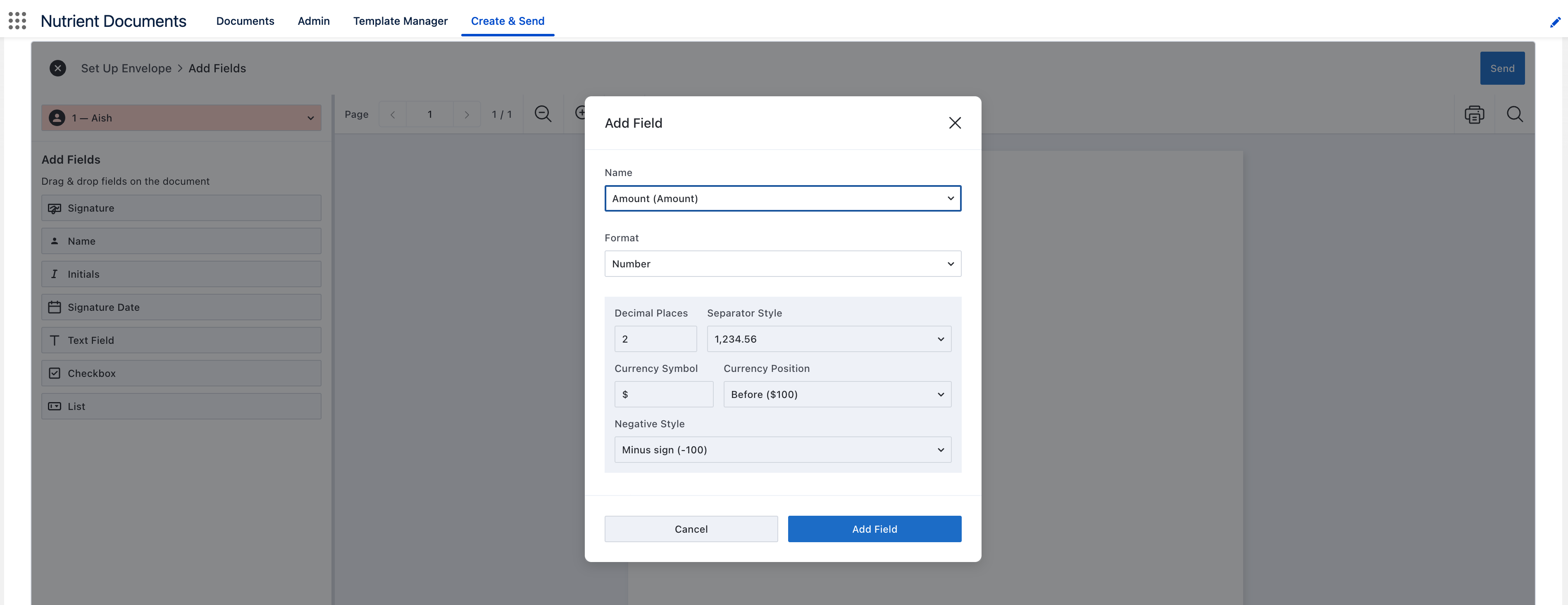Add Fields panel showing Text Field configuration with Salesforce field mapping, required toggle, and Add Field button