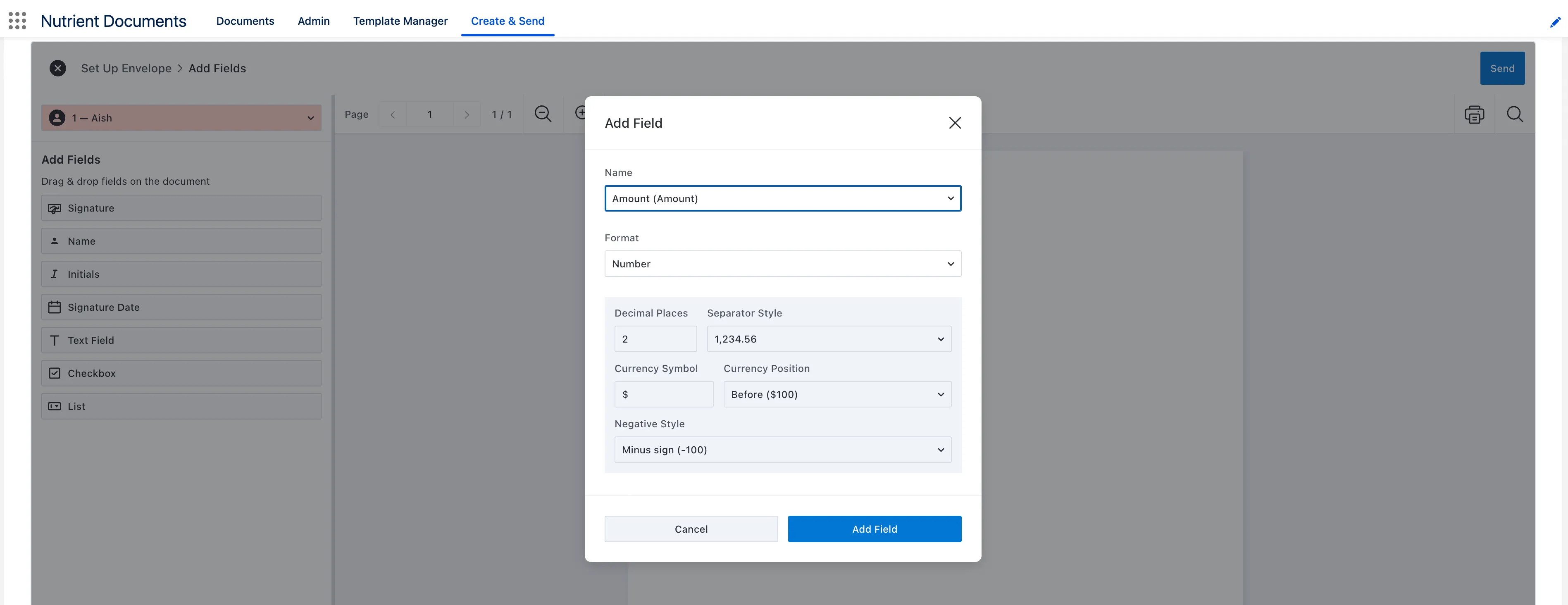 Add Fields panel showing Text Field configuration with Salesforce field mapping, required toggle, and Add Field button