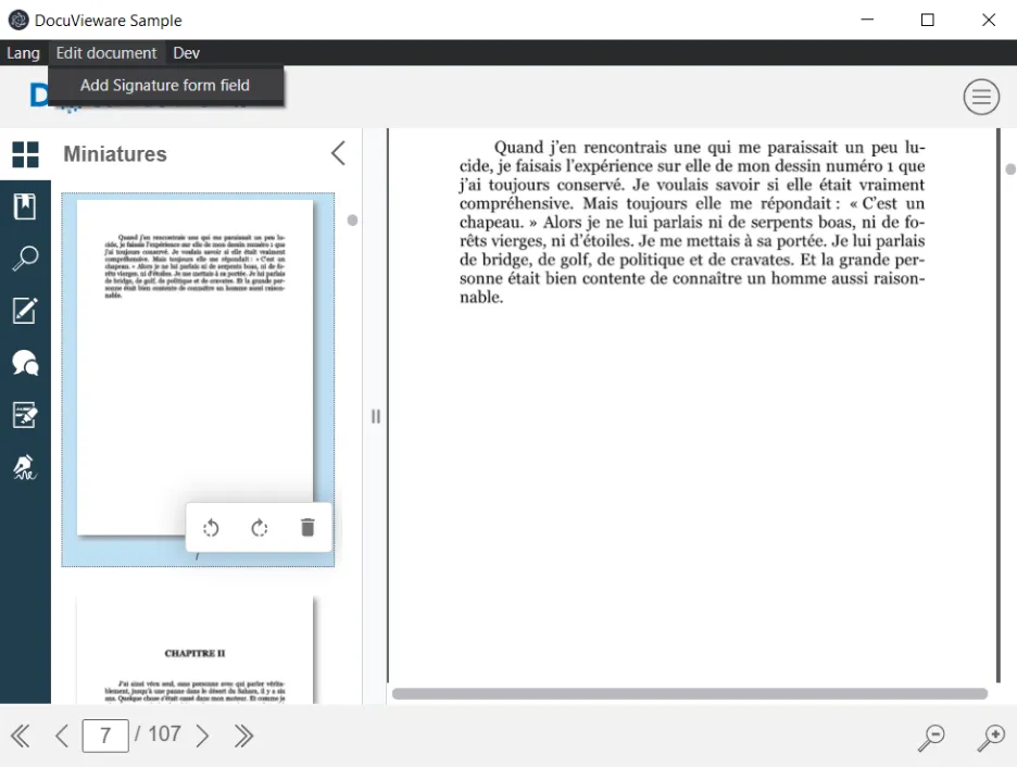 Electron application showing DocuVieware with language selection menu