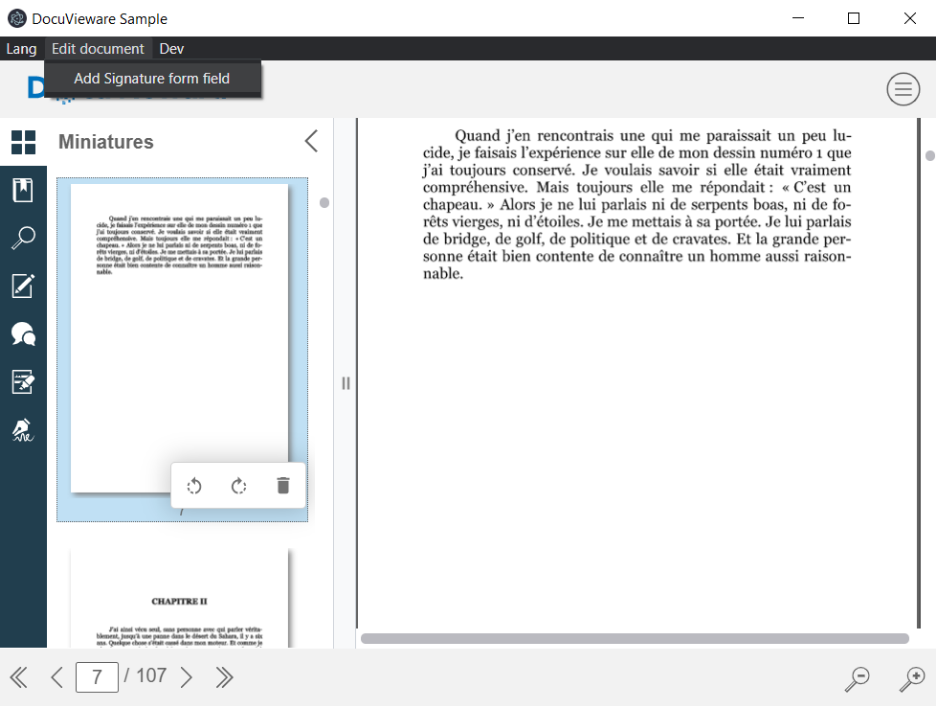 Electron application showing DocuVieware with language selection menu