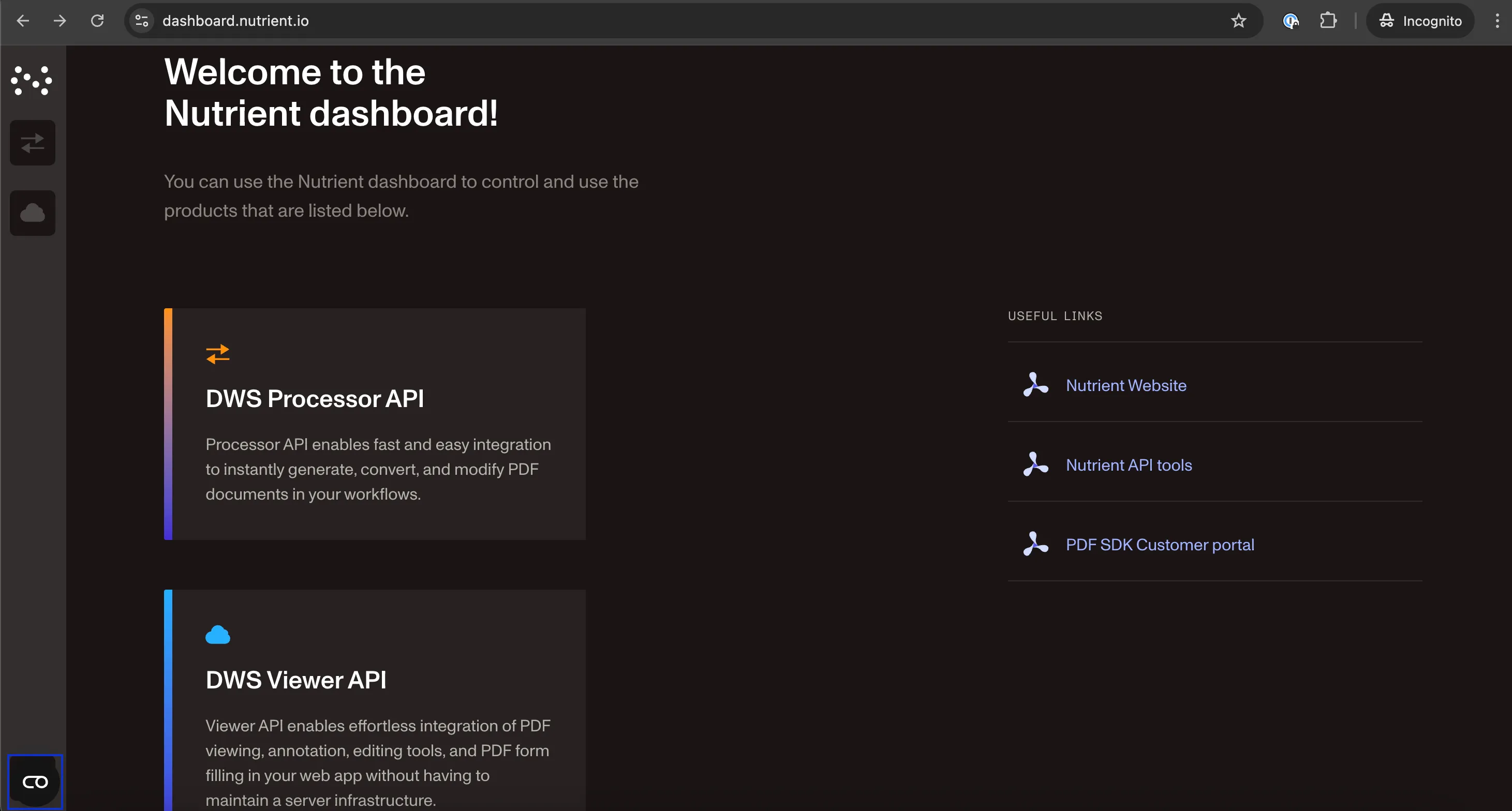 DWS Processor API card on dashboard