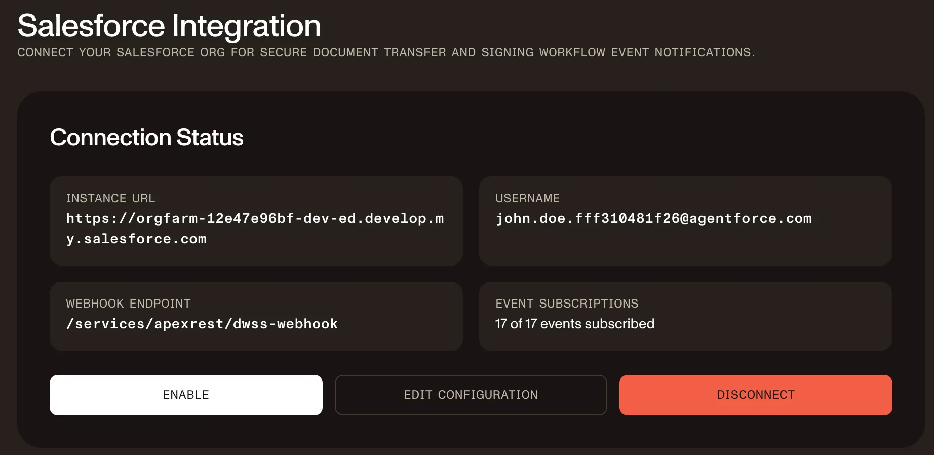 DWS Signer dashboard Salesforce integration configuration showing Salesforce connection fields, webhook endpoint, and event subscriptions