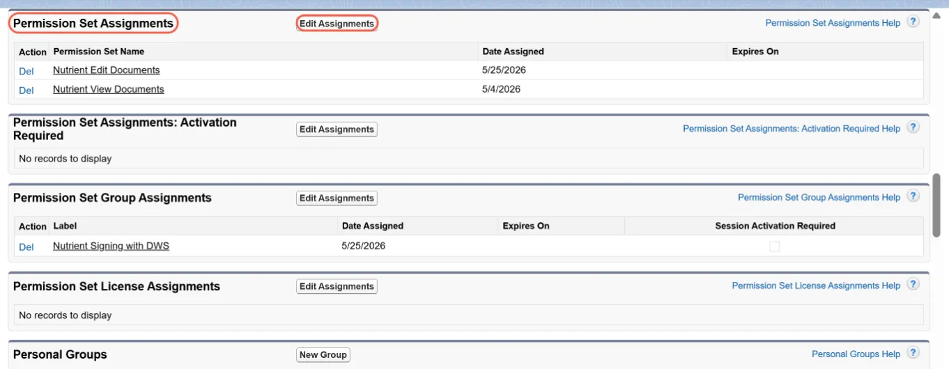 Permission Set Assignments page showing Edit Assignments highlighted
